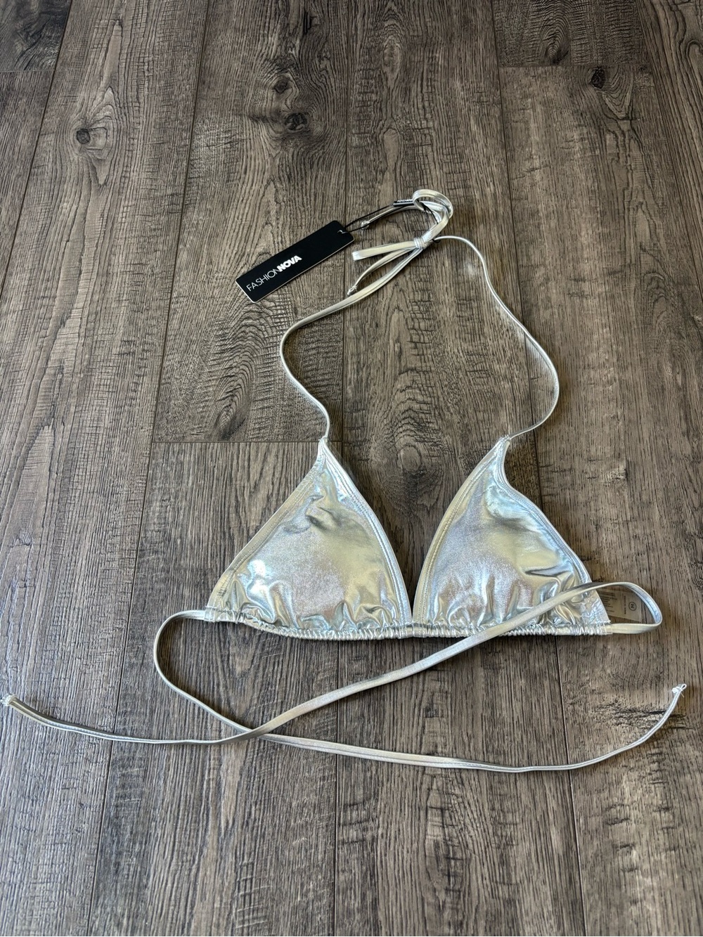 Fashion Nova Maui Metalic Silver Holographic Triangle Bikini Top Sz m